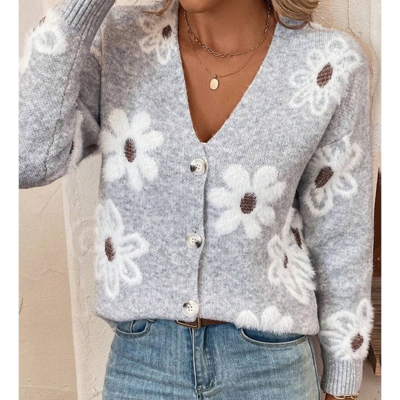 Rouge! Sweaters - Grey Cardigan Knit Flower Textured Button Front